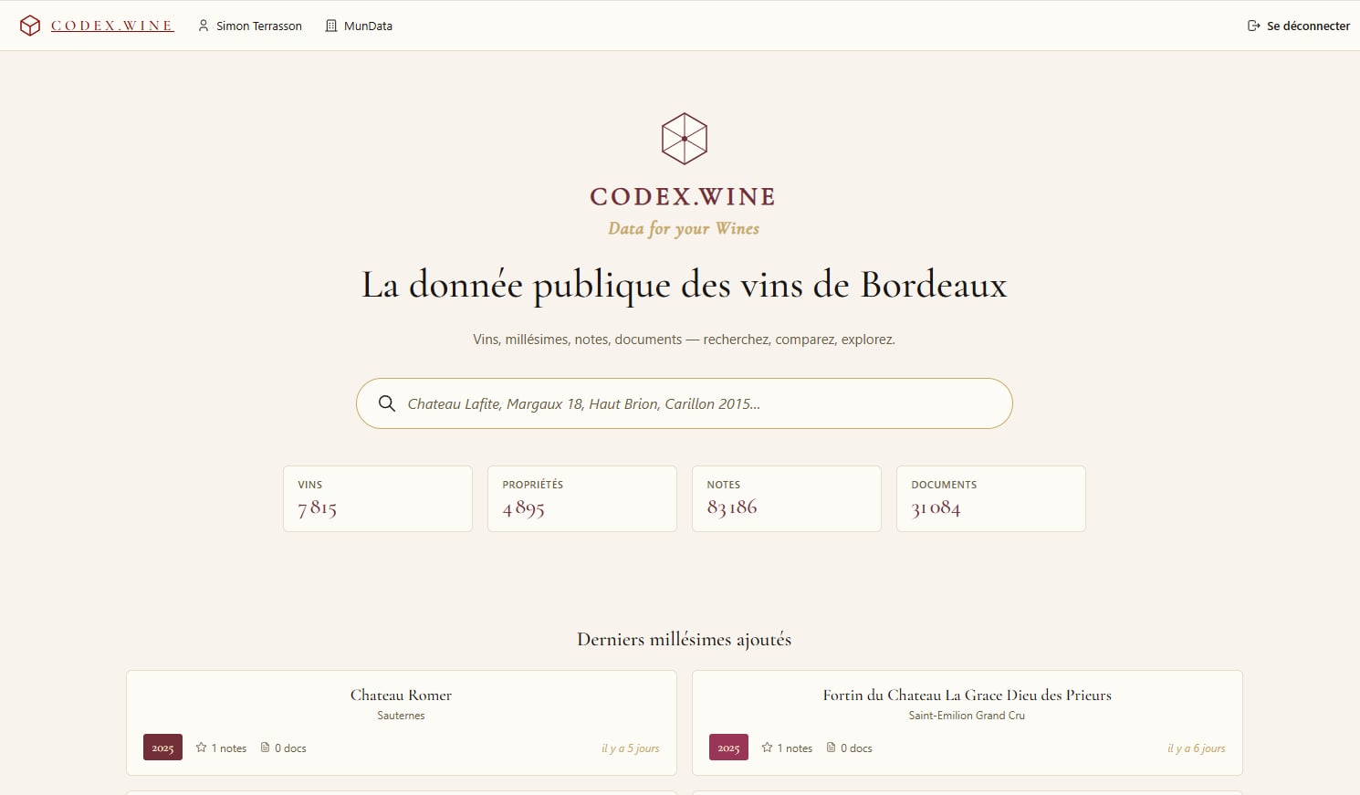 Codex.Wine — page d'accueil : recherche unifiée vins/millésimes/notes et chiffres clés de la base publique