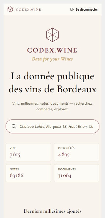 Codex.Wine en version mobile — interface adaptée aux téléphones avec recherche, statistiques clés et derniers millésimes ajoutés