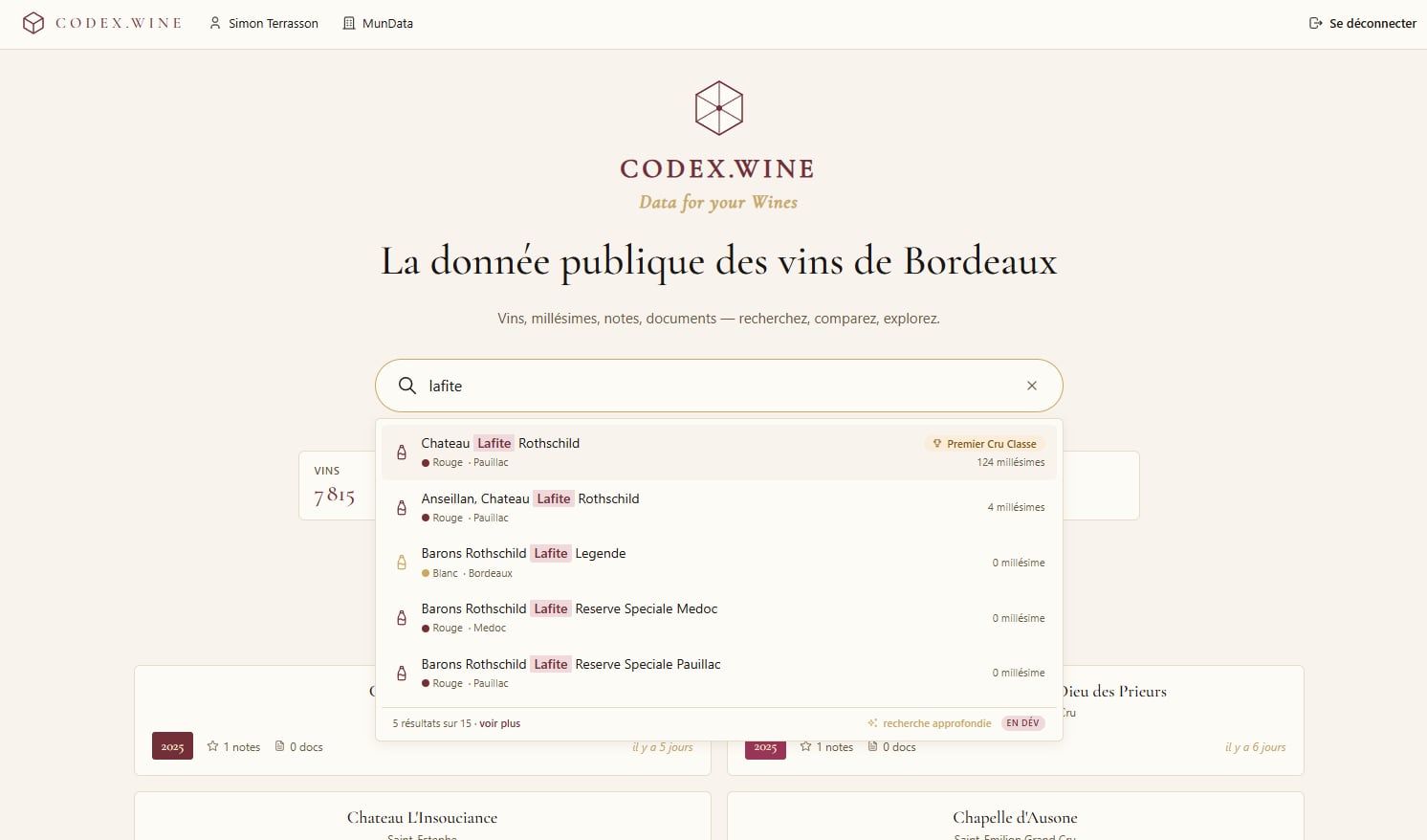 Recherche Codex.Wine — suggestions intelligentes pour 'lafite' affichant Château Lafite Rothschild Premier Cru Classé, ses millésimes et les vins satellites