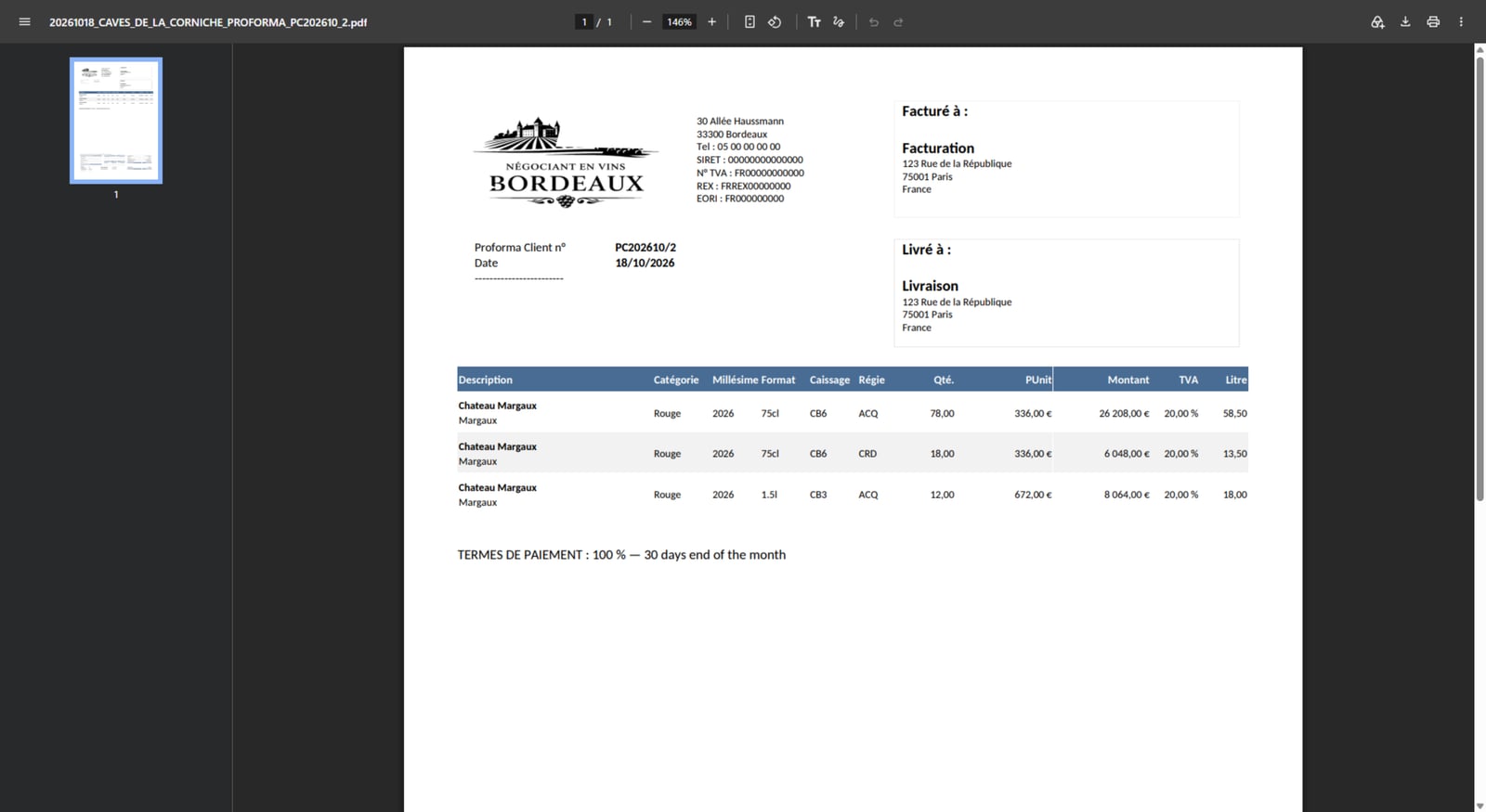 Proforma client générée en PDF — MyMerch