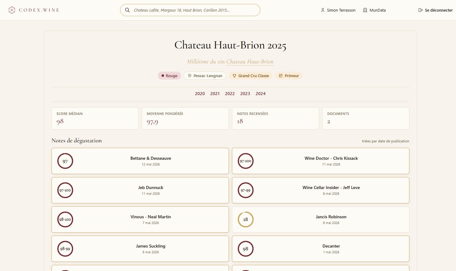 Fiche millésime Château Haut-Brion 2025 sur Codex.Wine — score médian 98, moyenne pondérée 97,9, notes consolidées de James Suckling, Wine Spectator, Decanter, Wine Advocate, Vinous et autres critiques internationaux