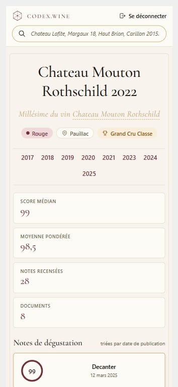 Fiche millésime Château Mouton Rothschild 2022 sur mobile — scores médian et pondéré, notes critiques consolidées