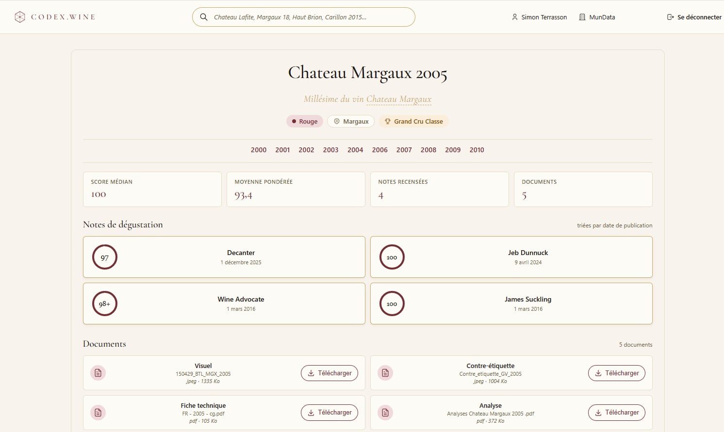 Documents officiels Château Margaux 2005 sur Codex.Wine — visuel bouteille, contre-étiquette, fiche technique, analyse, tous téléchargeables