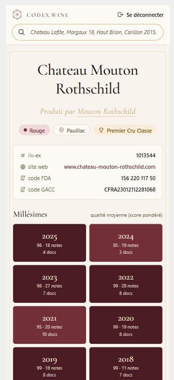 Fiche propriété Château Mouton Rothschild sur mobile — identifiants Liv-ex, FDA, GACC et grille de millésimes colorée par qualité